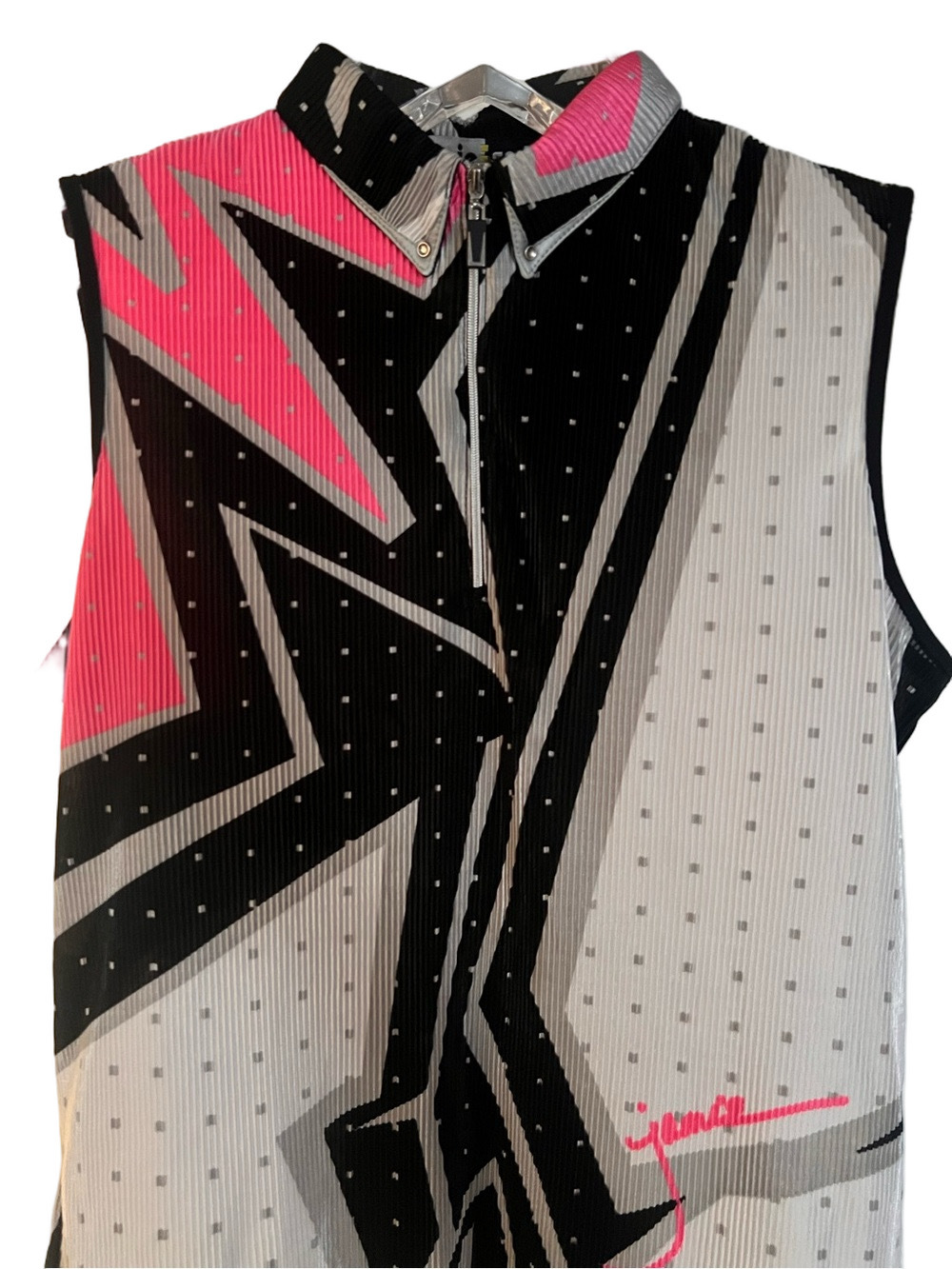 Jamie Sadock Collared 1/4 Zip Sleeveless Pink Black Crinkle Top - Size Medium - Picture 2 of 5